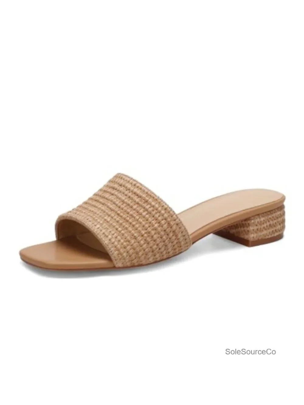 Woven Raffia Slide Sandals with Memory Foam Insole, Low Heel Square Toe